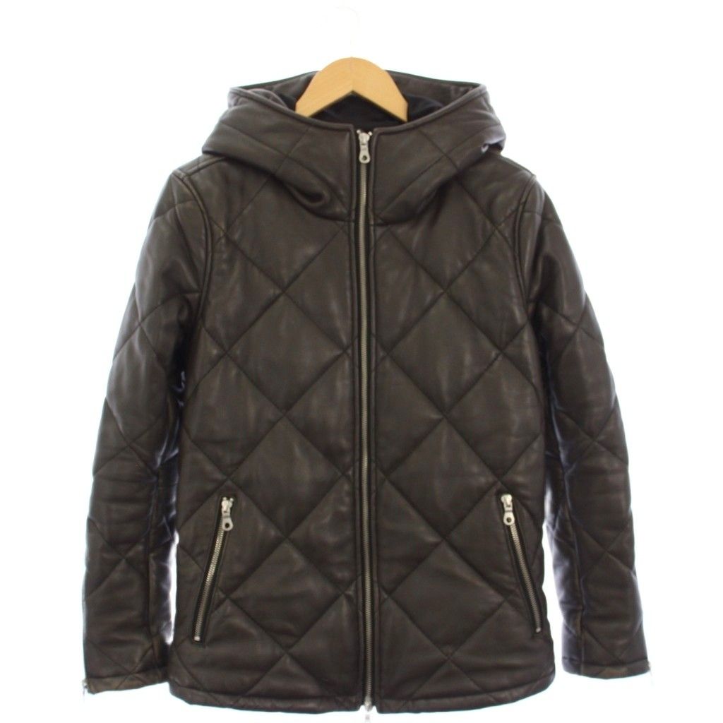 【良品】NO ID. ラムレザージャケット 羊革 キルティング フード ブラウン 良品】NO ID. ラムレザージャケット 羊革 キルティング フード