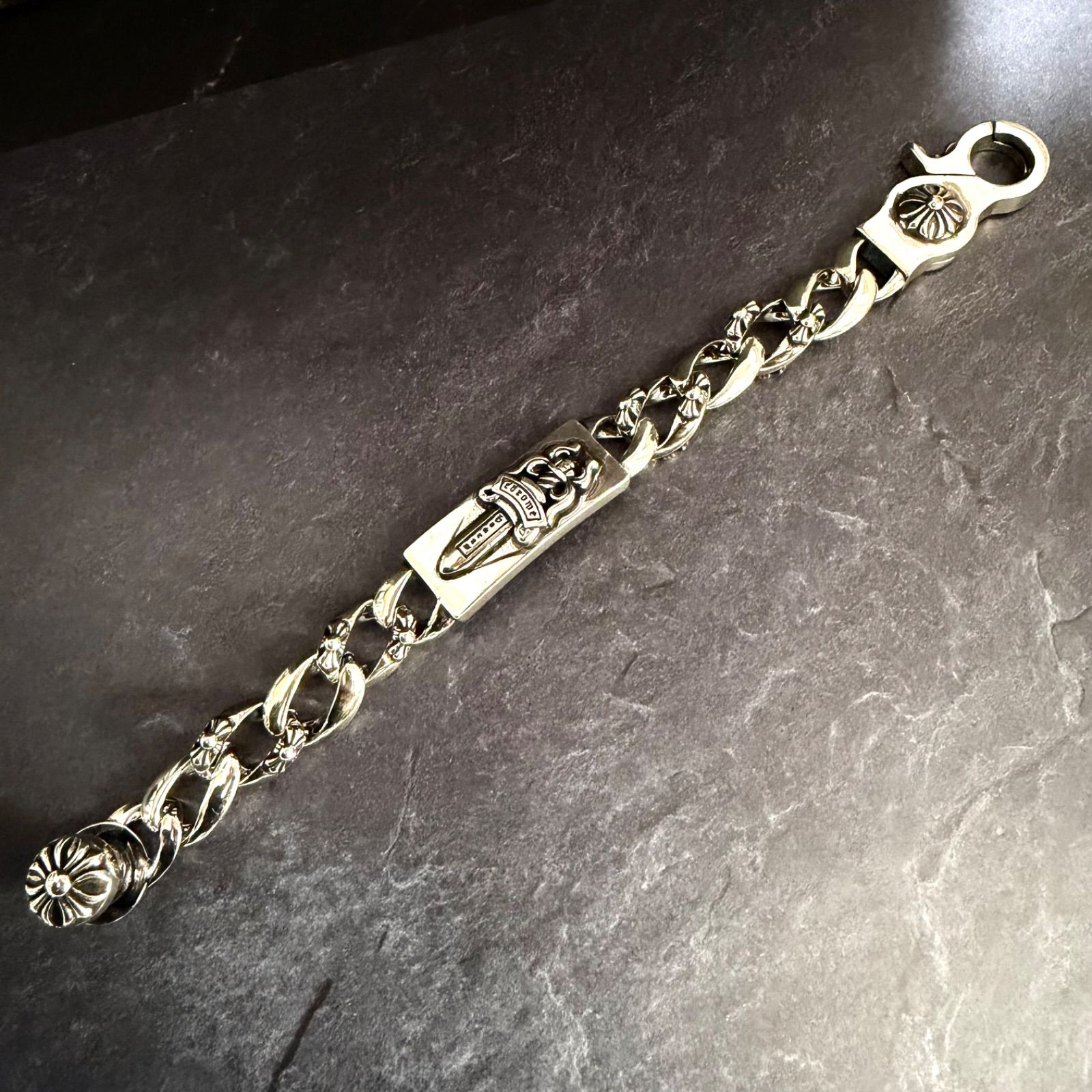 ダブルダガーIDブレスレット クロムハーツ ダブルID フローラル コピーダガー オールドシルバー