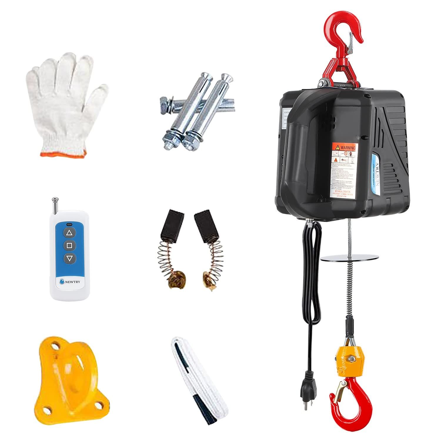 NEWTRY 電動ウインチ 電動ホイスト 小型クレーン 巻き上げ機 吊り上げ能力100㎏ ワイヤレスリモコン付き 1500 W 家庭用 業務用 110 V 黒色 リフト高さ25 m