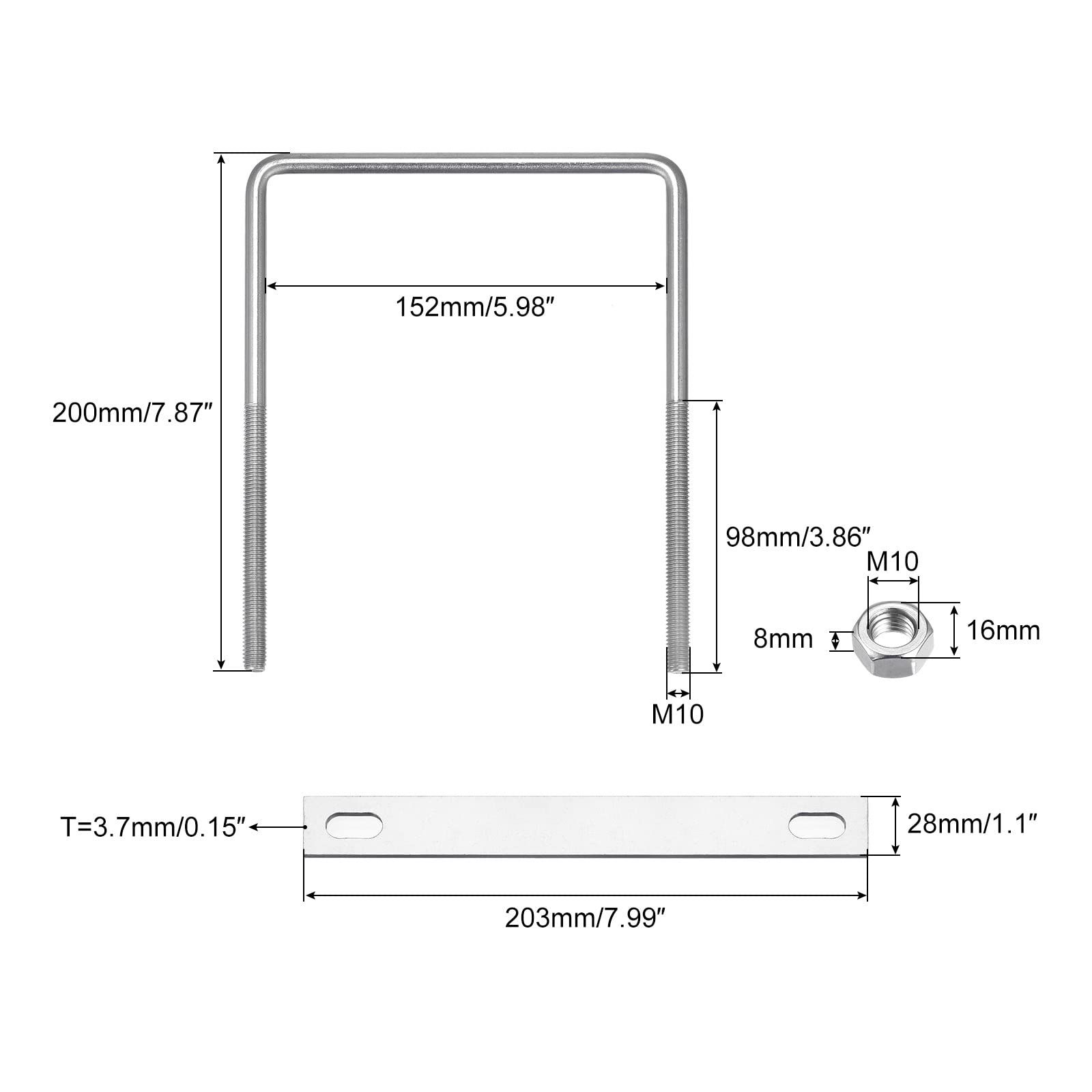 uxcell M 10 角Uボルト 内幅15.2 cm 長さ20 コ型ボルト 六角ナット付 ロックプレート付 304ステンレス 固定ベース 駐車カーポート シルバー