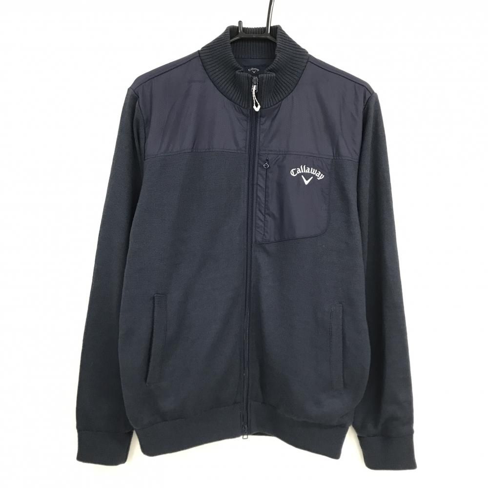 美品】キャロウェイ 切替ニットブルゾン ネイビー ロゴ白 上部異素材