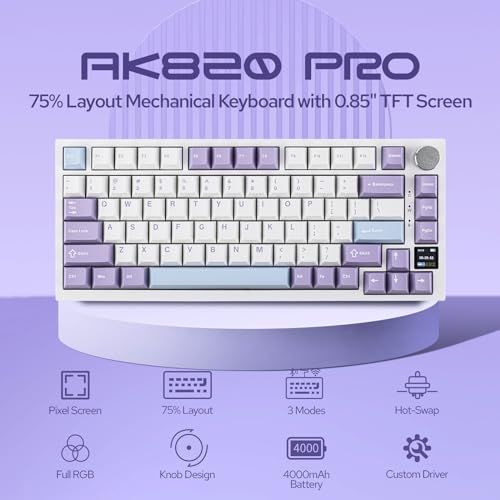 Ajazz AK 820 Pro ゲーミングキーボード 75% ガスケット搭載 メカニカルキーボード TFTスクリーン 3モード Bluetooth 5.1|2.4 Gワイヤレス-Type-C有線 消音フォーム搭載 Whit 5119 f 10 c