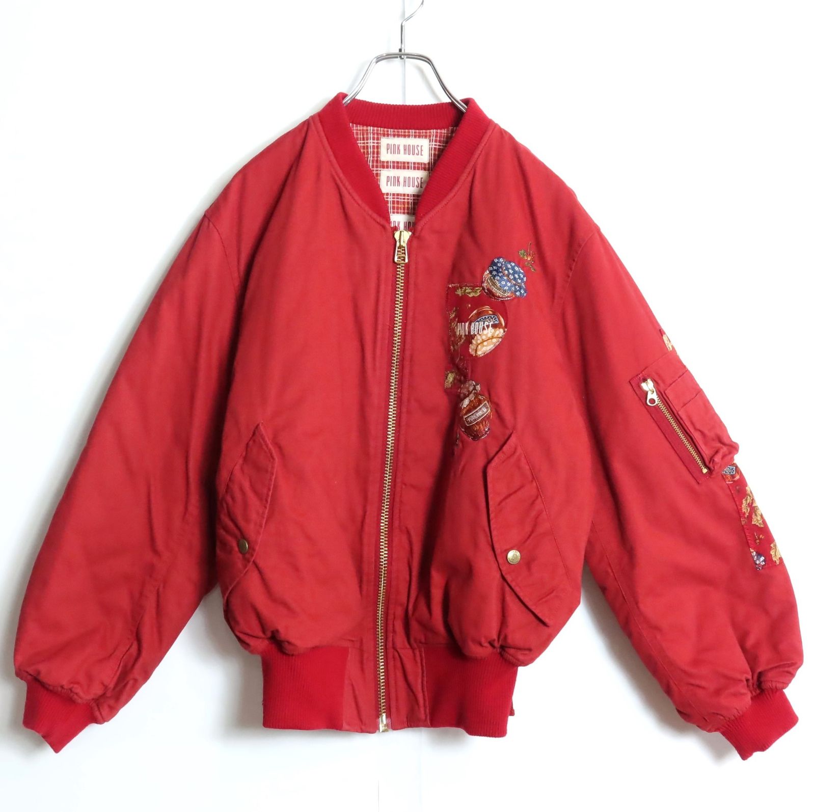 PINK HOUSEピンクハウス ジャム瓶柄 ブルゾンma-1赤レッドゼッケン 激レア！】ピンクハウス☆繊細なジャム瓶刺しゅうが目を惹く