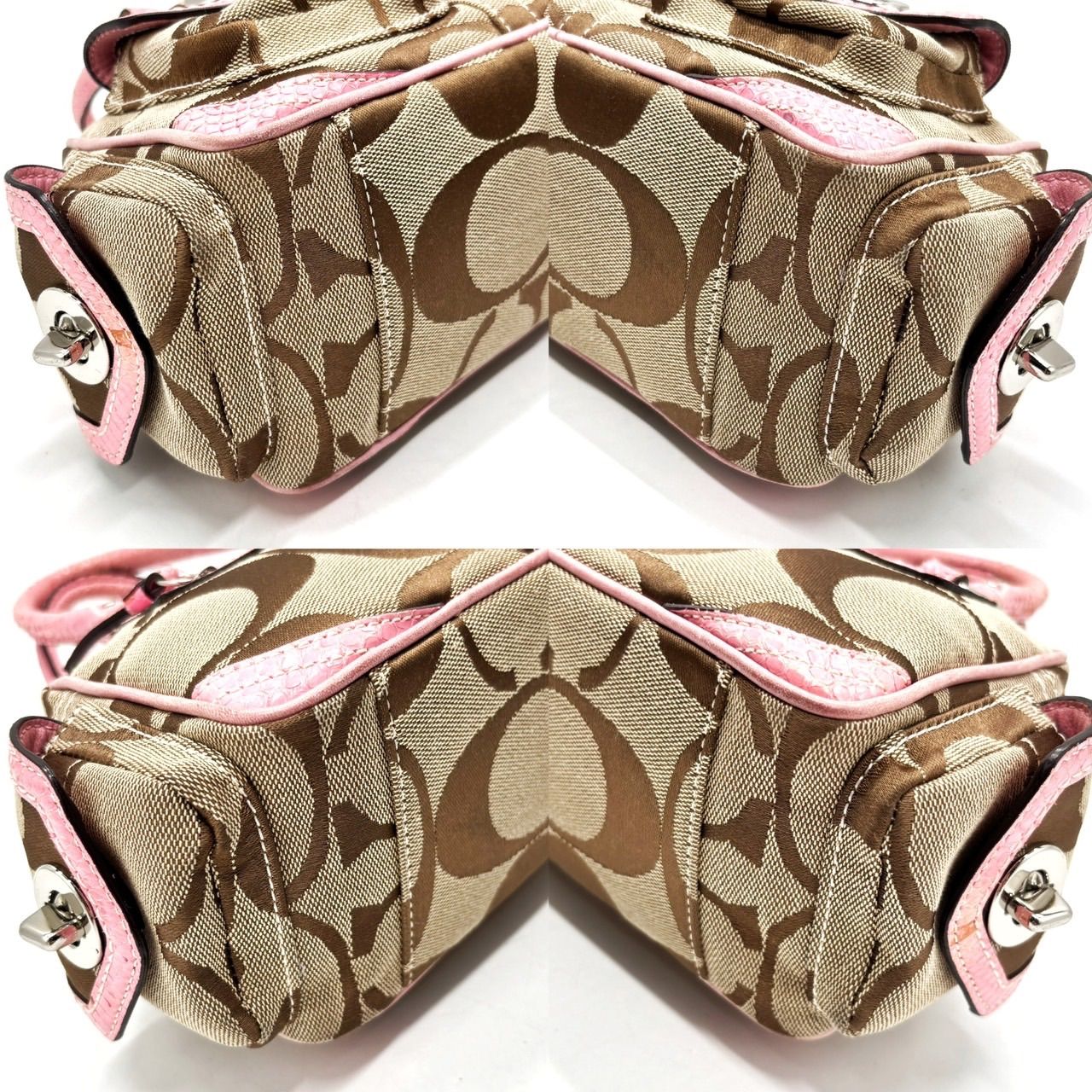 美品】COACH Y2K beige signature canvas pink python leather 4turn 