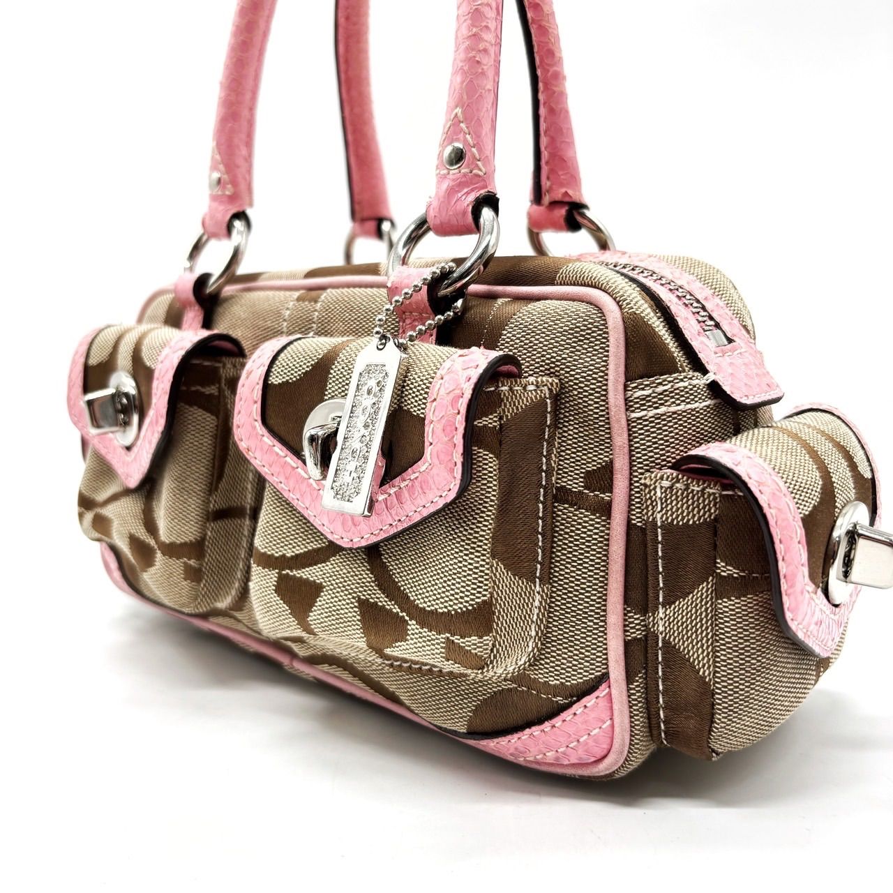 美品】COACH Y2K beige signature canvas pink python leather 4turn 