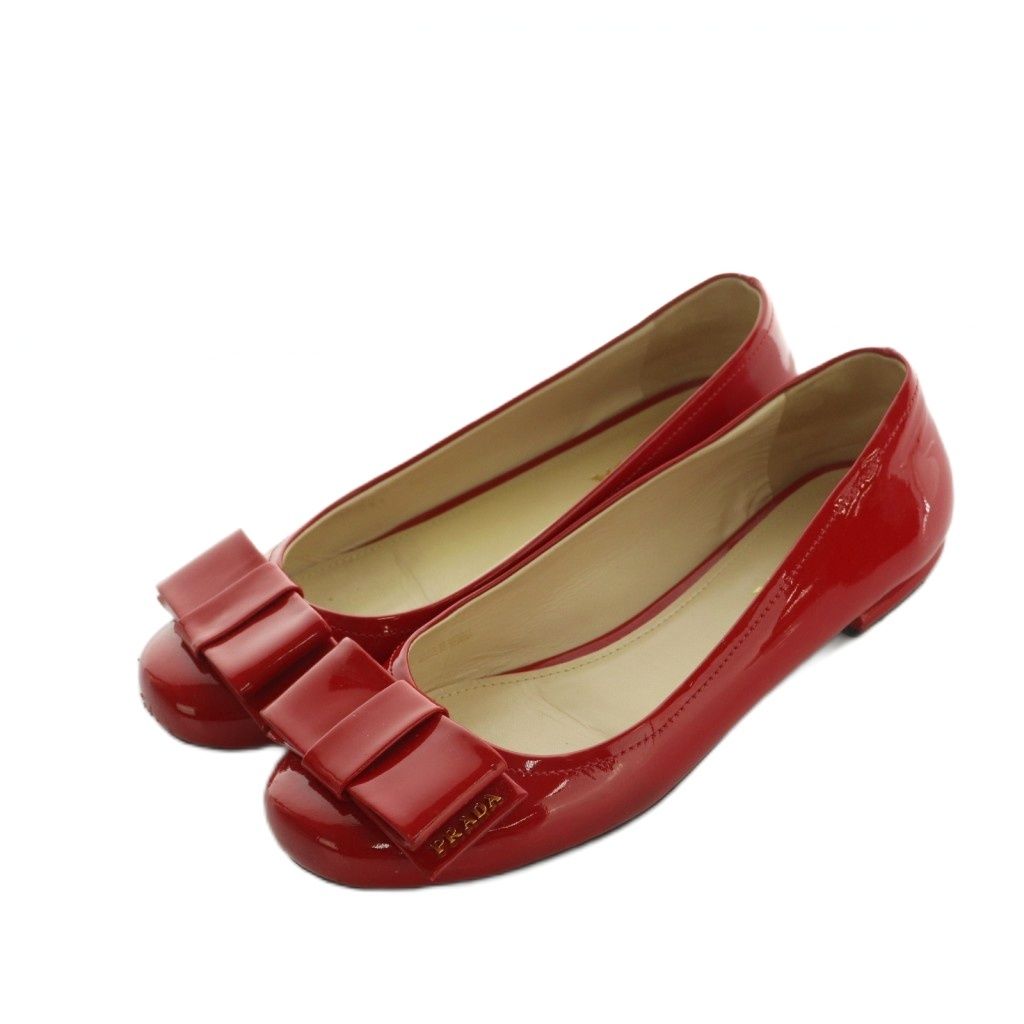 プラダ PRADA バレエシューズ リボン エナメル 38.5 25.5cm 赤 226 /MI