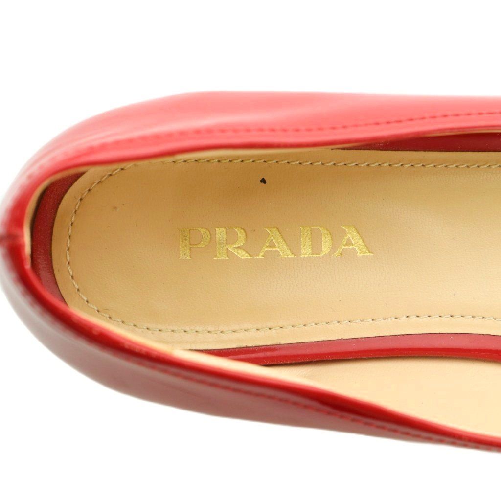 プラダ PRADA バレエシューズ リボン エナメル 38.5 25.5cm 赤 226 /MI