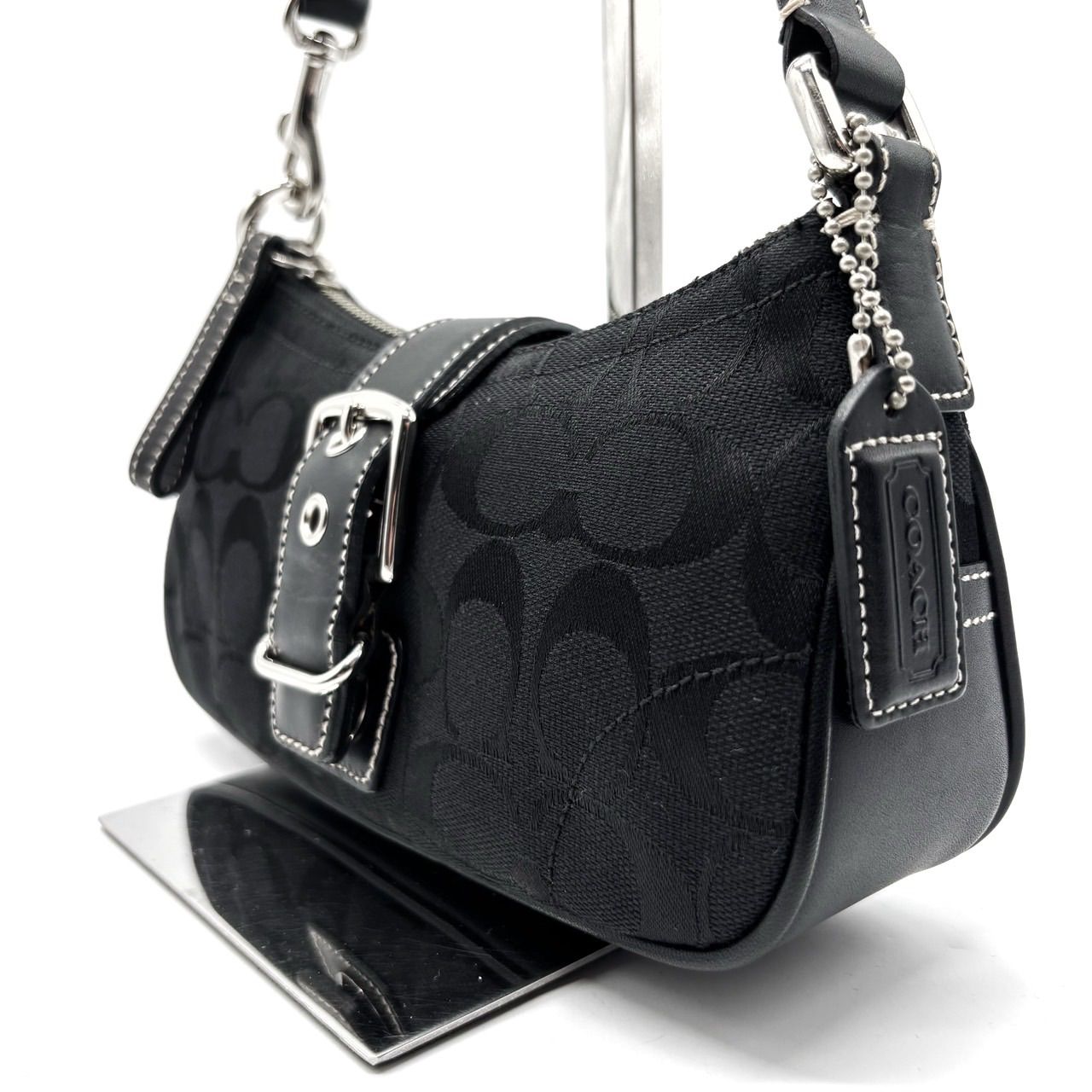 美品】COACH Y2K all black signature canvas leather belt hobo 