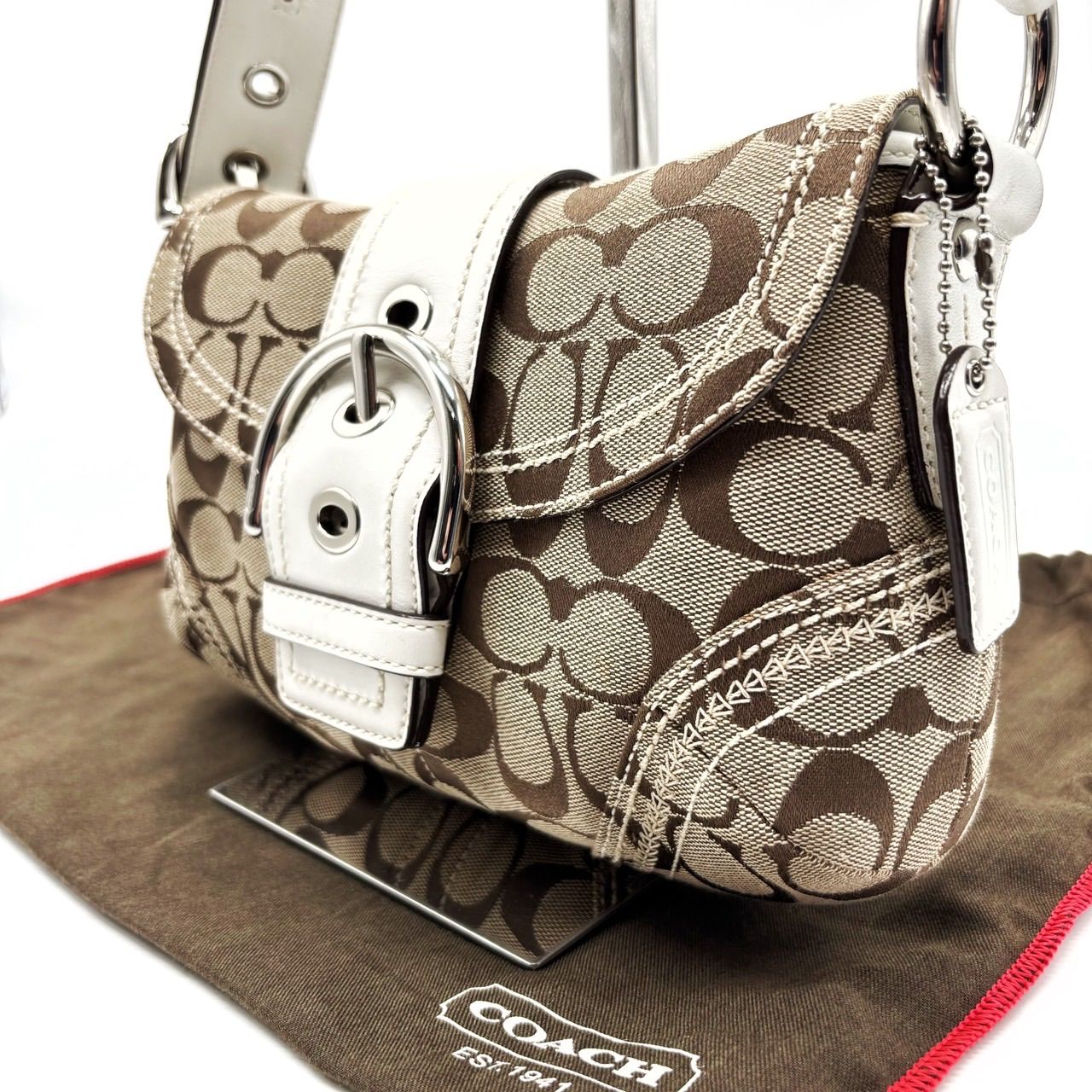 美品】COACH Y2K signature beige canvas white leather soho belt 