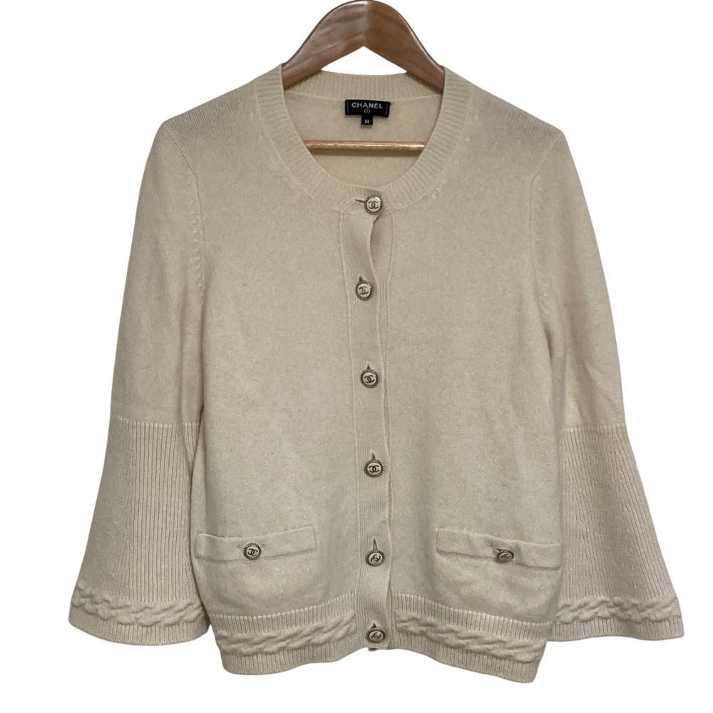 【美品】シャネル ウール×アルパカ×カシミヤ ココボタン 長袖 カーディガン CHANEL(シャネル) ココボタン カシミヤ カーディガン P25872V01857