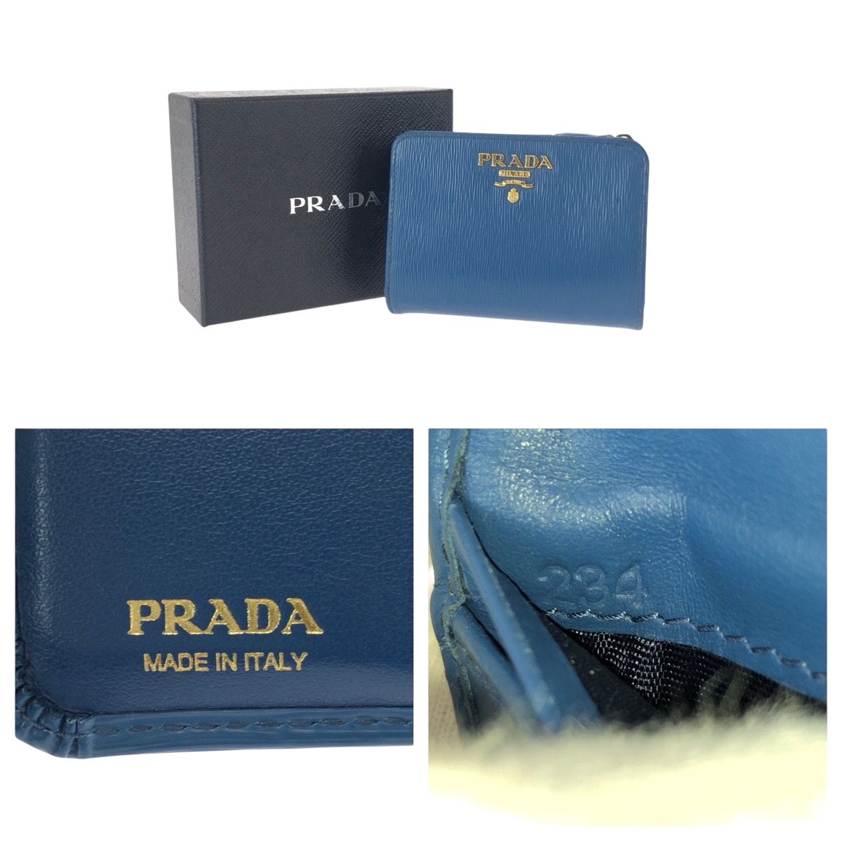 美品 PRADA プラダ ブルー ゴールド金具 レザー 折財布 コンパクト