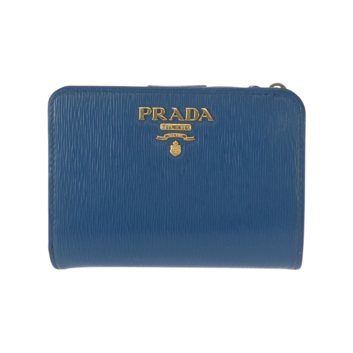 美品 PRADA プラダ ブルー ゴールド金具 レザー 折財布 コンパクト