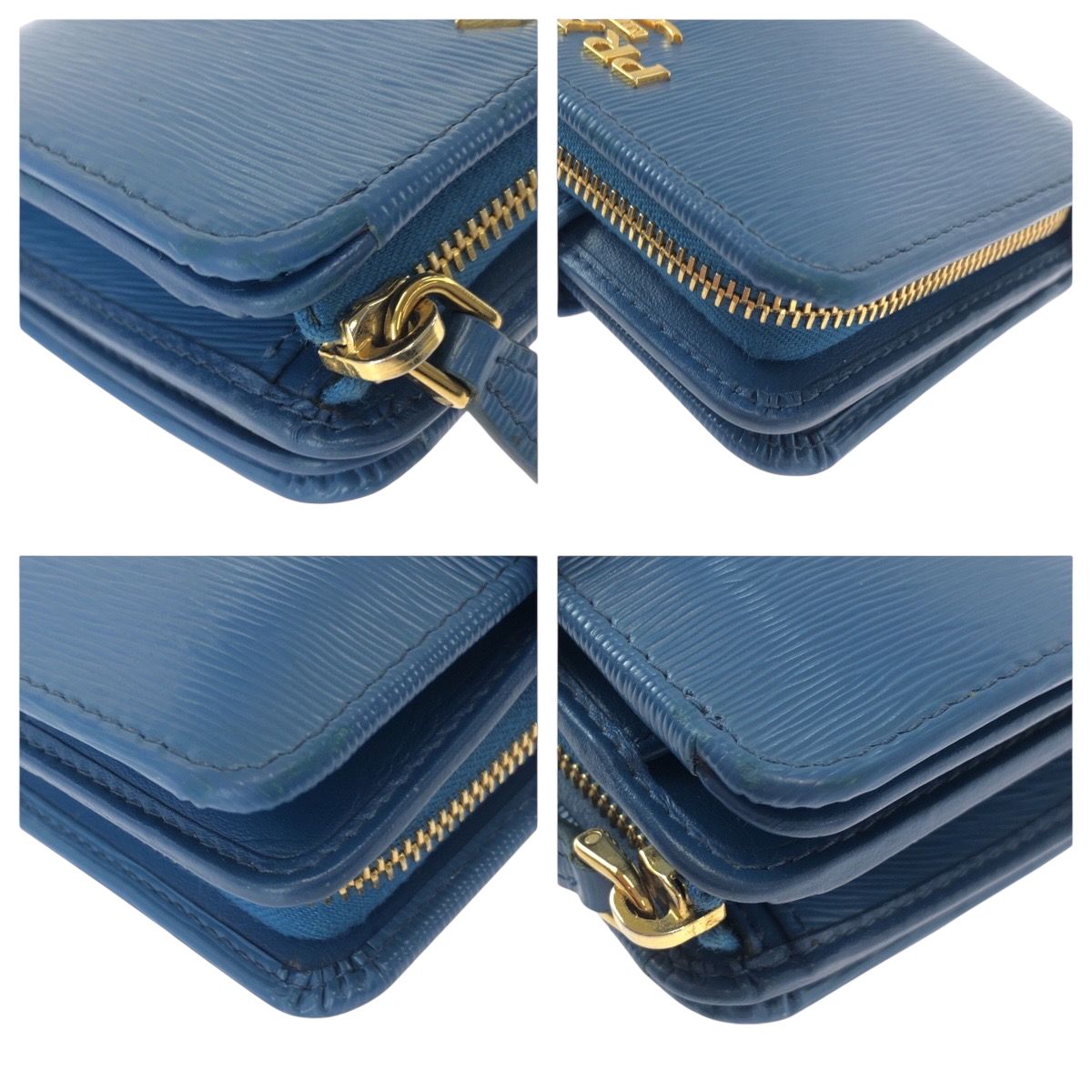 美品 PRADA プラダ ブルー ゴールド金具 レザー 折財布 コンパクト