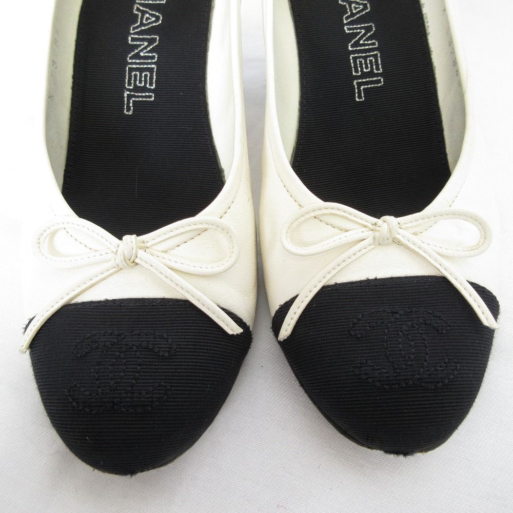 良品 CHANEL シャネル ココマーク キャンバス レザー バイカラーリボン