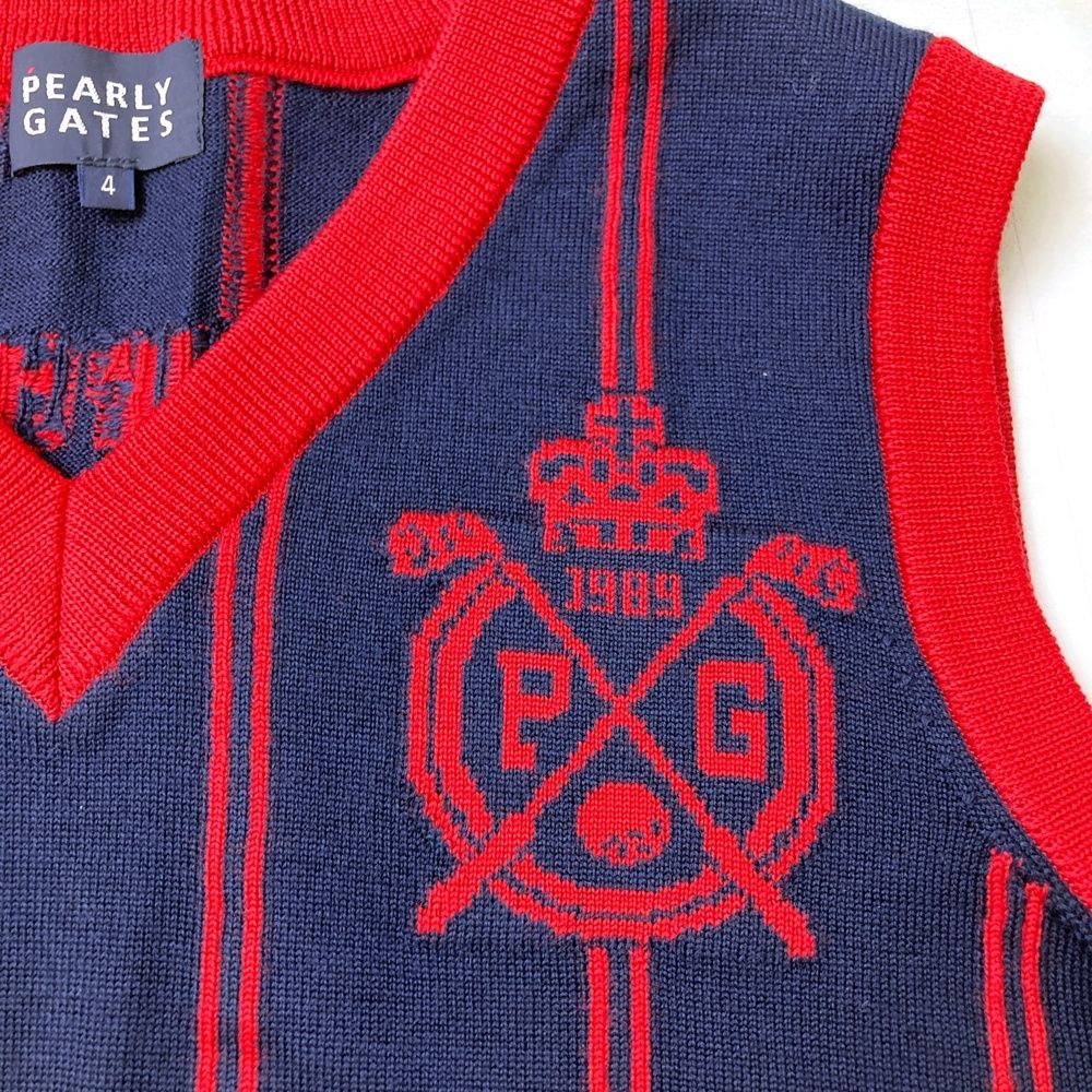 PEARLY GATES ベスト レッドネイビーブルーストライプ サイズ4 サイズ：4 PEARLY GATES パーリーゲイツ Vネック ニットベスト