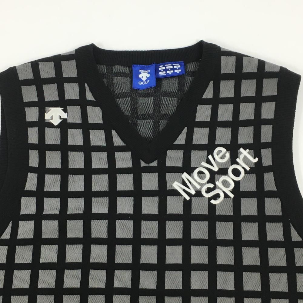超美品】デサントゴルフ ニットベスト 黒×グレー 格子柄 ロゴ刺しゅう