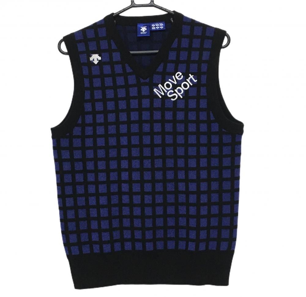 デサントゴルフ ウール混 ニット ベスト ネイビー 総柄 Lサイズ 超美品】デサントゴルフ ニットベスト 黒×ブルー 格子柄 ロゴ刺しゅう