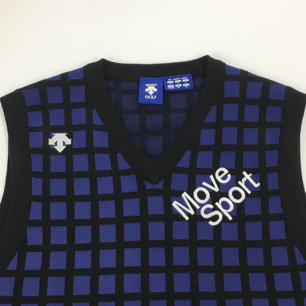 超美品】デサントゴルフ ニットベスト 黒×ブルー 格子柄 ロゴ刺しゅう