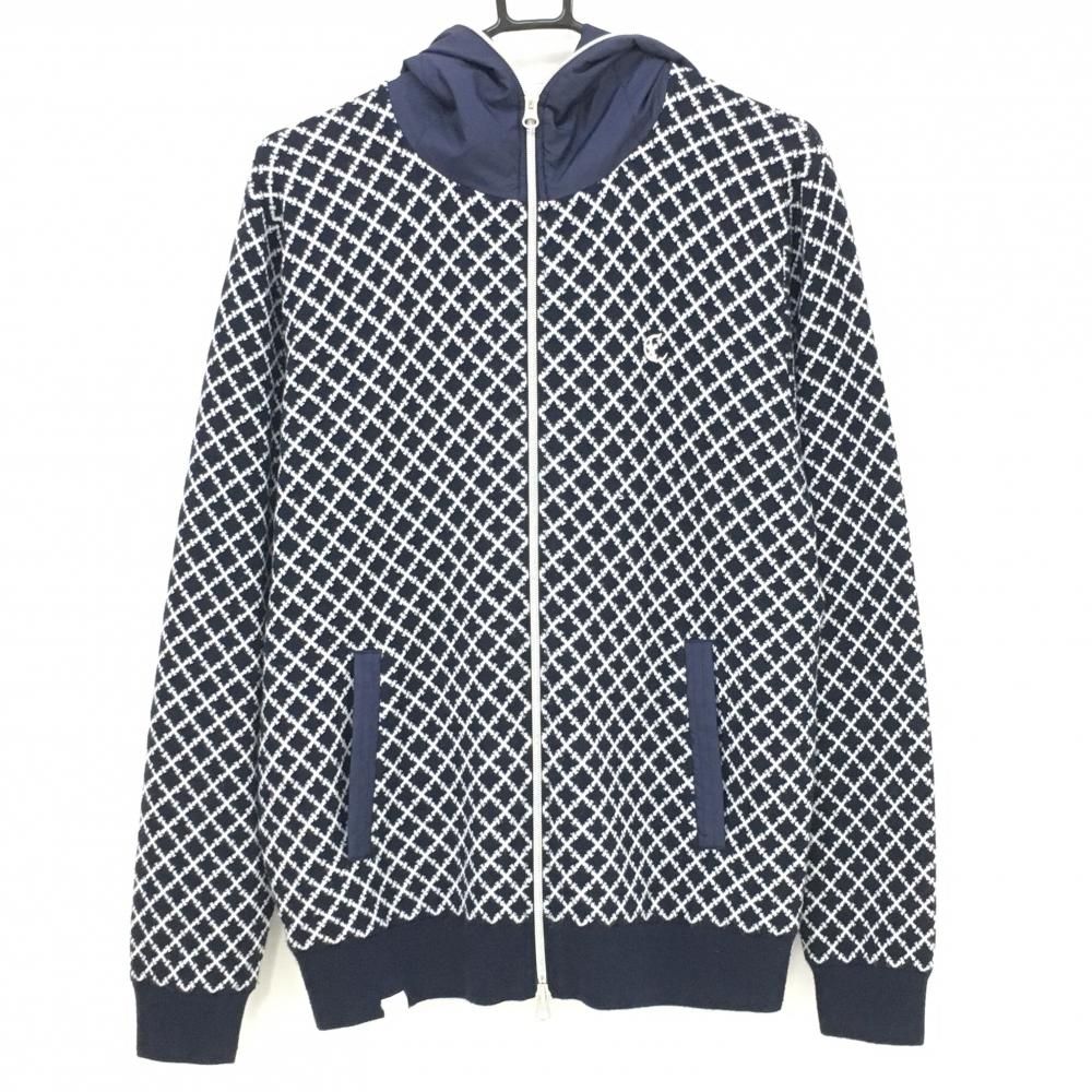 美品】キャロウェイ フード付ニットジャケット ネイビー×白 ダイヤ柄