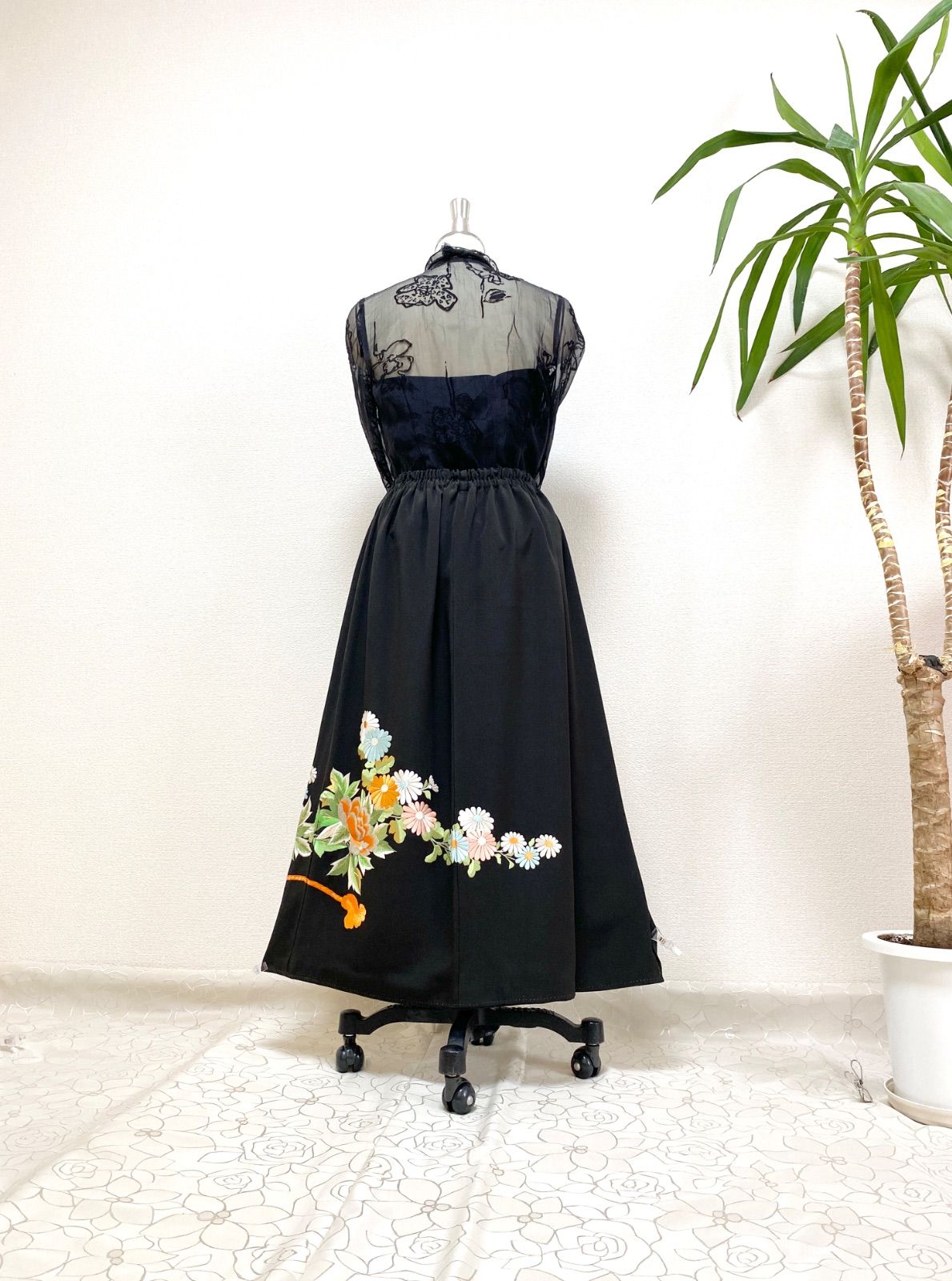 大人可愛いセレブ着物スカートフリーサイズ黒留袖着物リメイクロングスカート5850 大人可愛いセレブ着物スカートフリーサイズ黒留袖着物リメイクロング