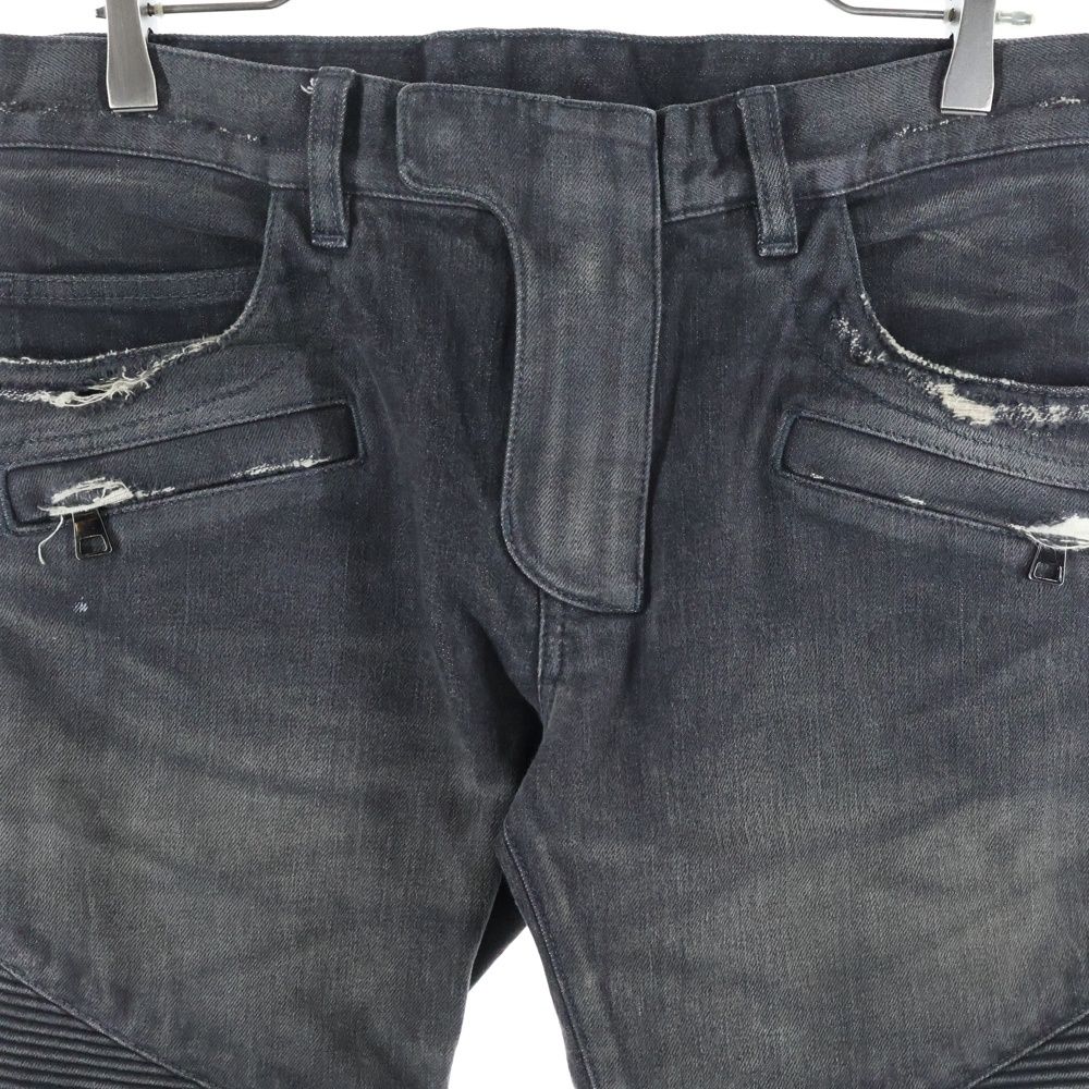 BALMAIN (バルマン) ダメージ加工 蛇腹バイカー デニムパンツ ジーンズ