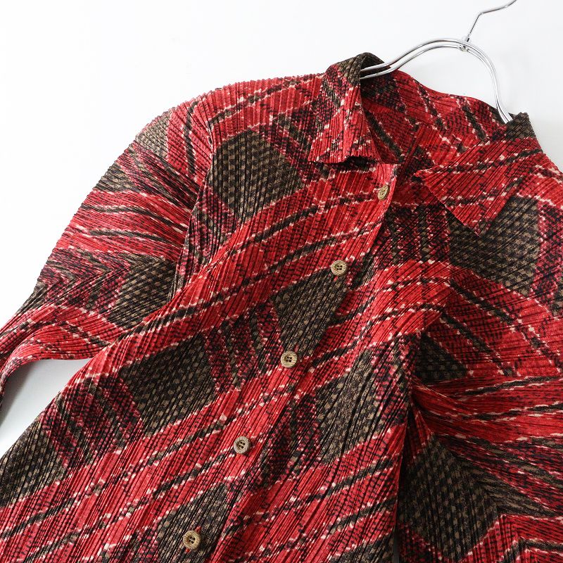 プリーツプリーズ　イッセイミヤケバーガンディ 赤茶色プリーツ 長袖 トップスМ 美品 Archive 1999年 イッセイミヤケ プリーツプリーズ PLEATS PLEASE