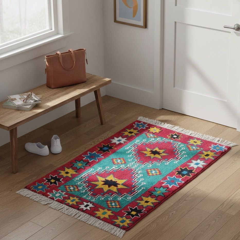 トライバルラグ 玄関マット ホラサン産 本物 ペルシャ手織りウール絨毯 ホラサン産 ペルシャ絨毯 玄関マット サイズ 65×83cm（手織り・草木染