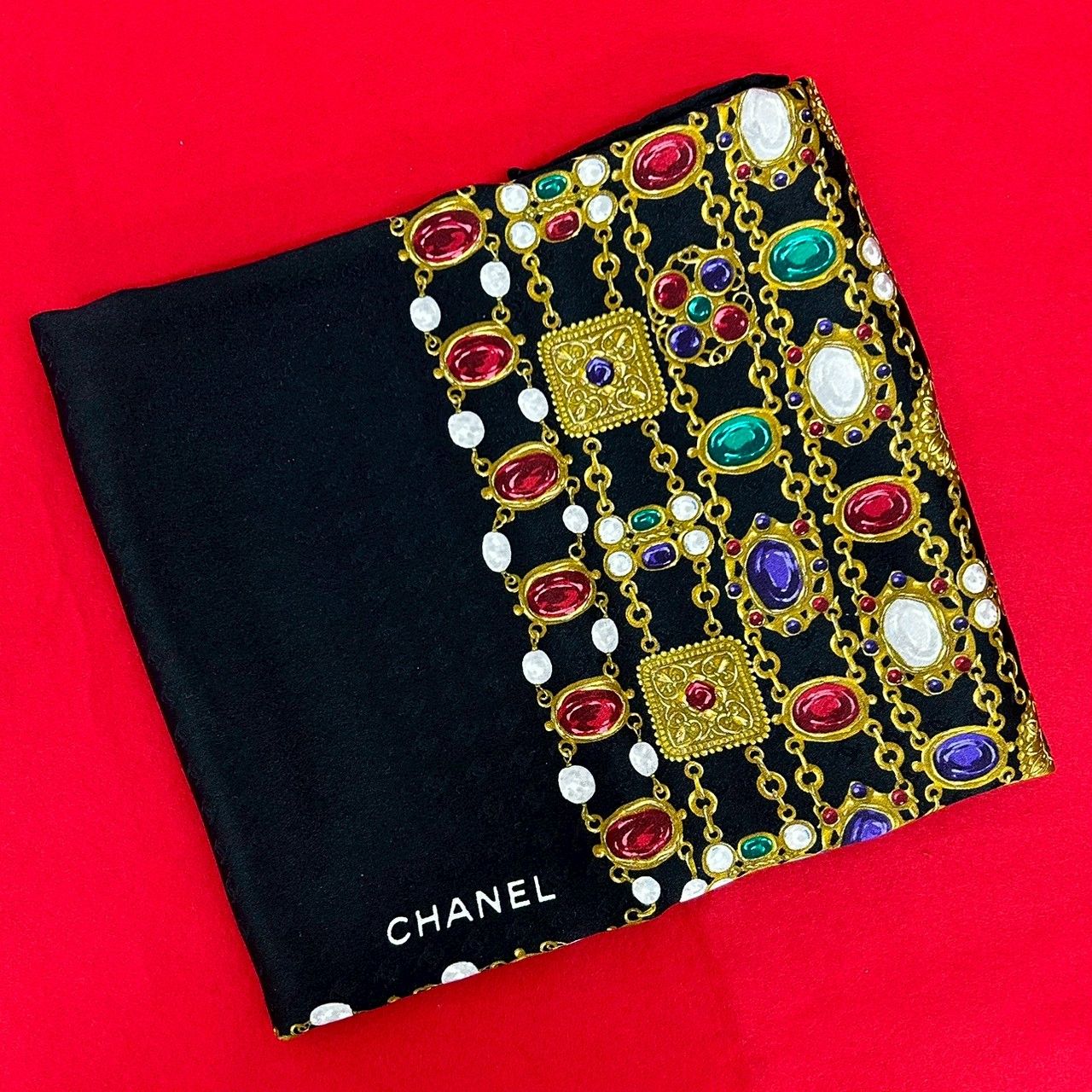 極 美品 CHANEL シャネル グリポア ビジュー 柄 シルク スカーフ