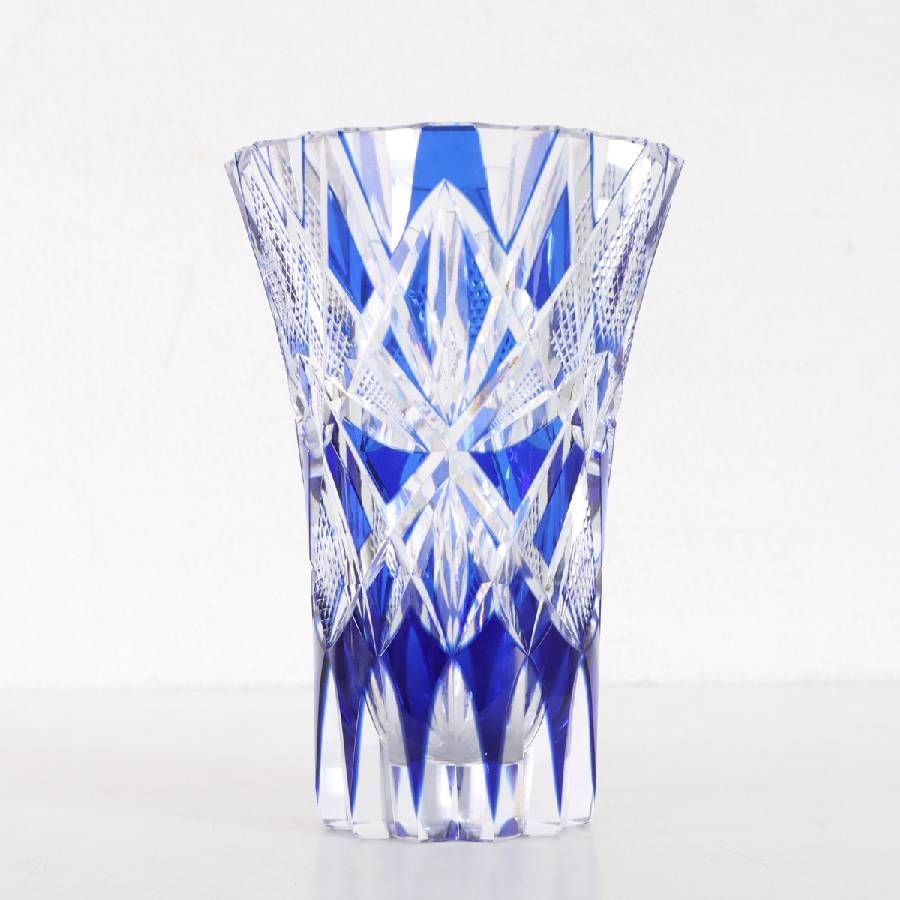 カガミクリスタル　切子　花瓶　フラワーベース　ブルー 江戸切子 カガミクリスタル花瓶 コバルトブルー クリスタルガラス