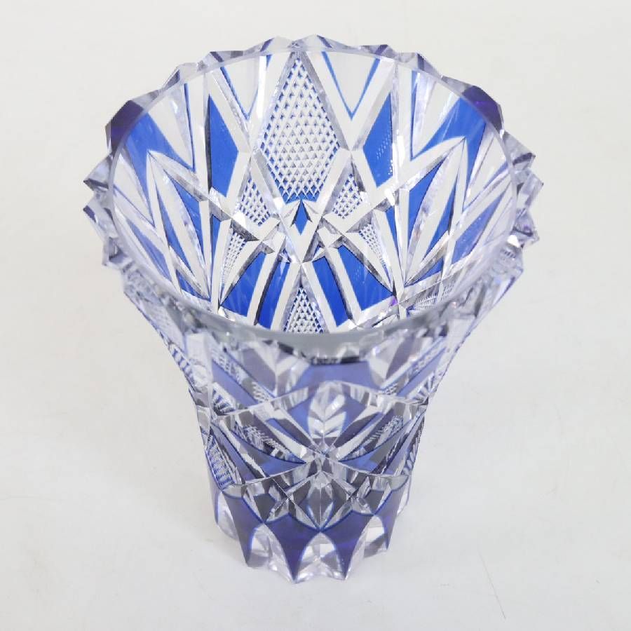 カガミクリスタル　切子　花瓶　フラワーベース　ブルー カガミクリスタル ) 江戸切子 花瓶 F663-1687-CCB 切り子 クリスタル