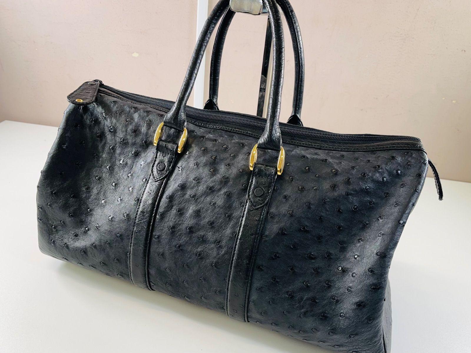☆美品 濱野皮革工藝 HAMANO ハマノ オーストリッチ ボストンバッグ 黒