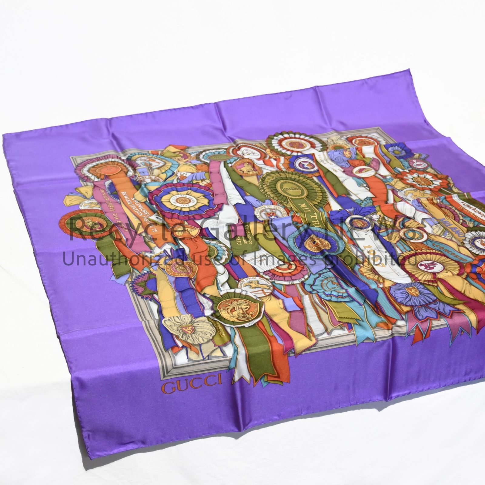 ○ GUCCI 未使用・新古品 大判スカーフ ロゼット柄 シルク 勲章 リボン