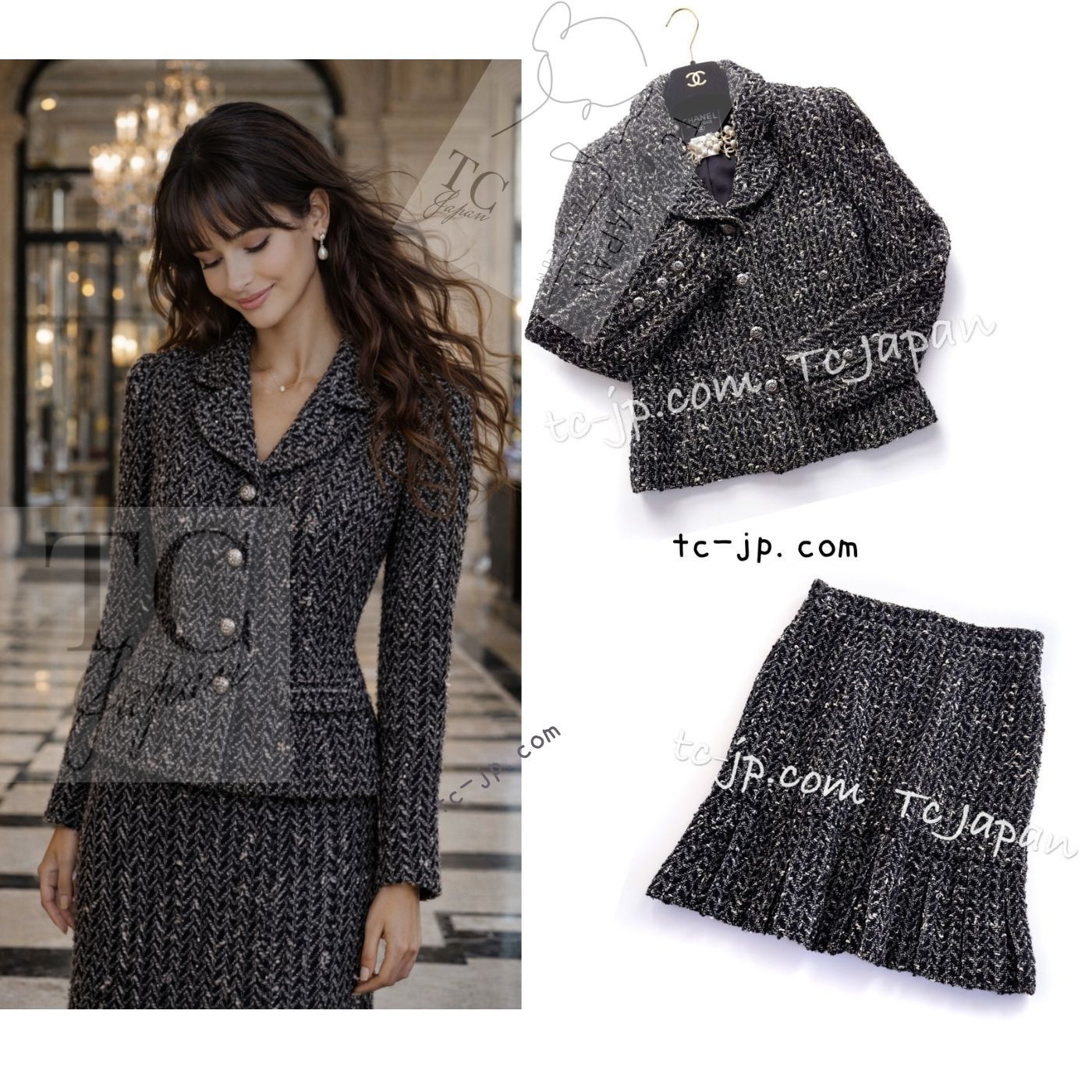 シャネル ヴィンテージ ジャケット スーツ CHANEL ブラック グレー