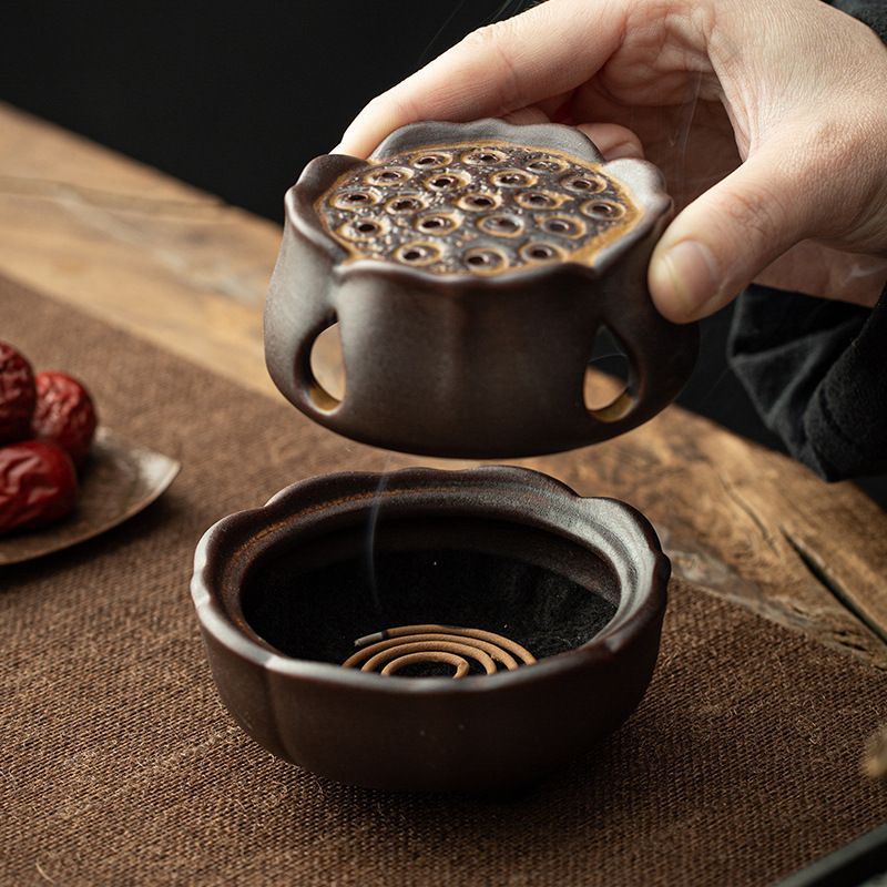 新品未使用】創意蓮蓬陶磁器香炉禅意薫香盤香沈檀香道香挿香座室内茶道