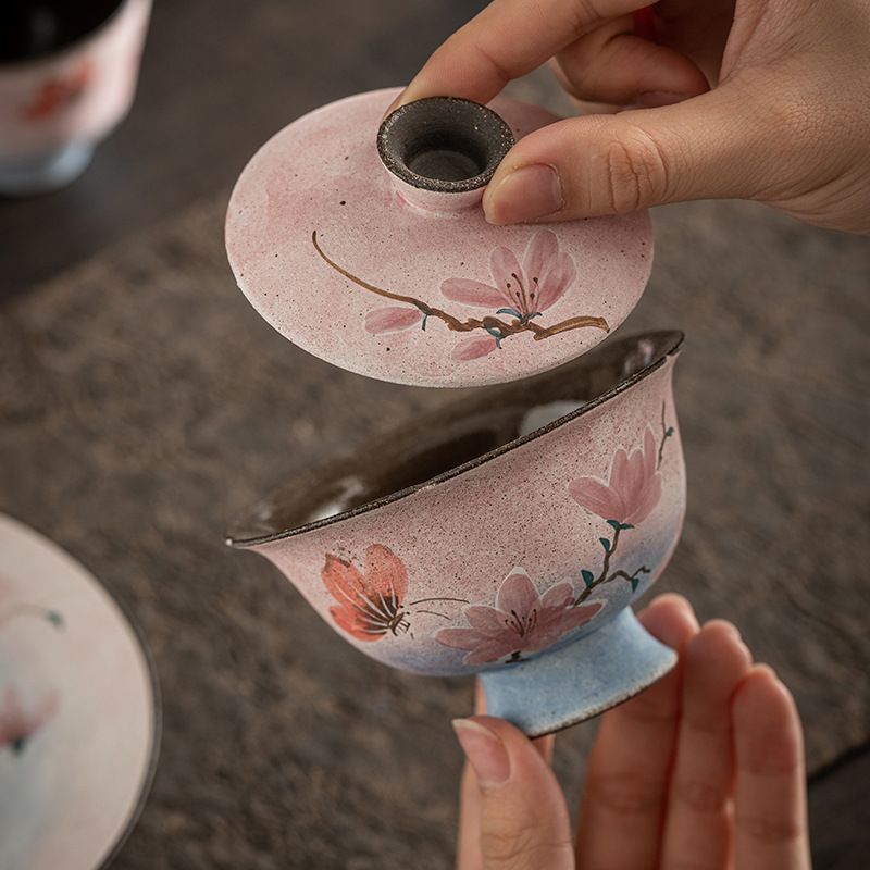 新品・未使用】手作り翡翠花二枚蓋碗、高級女性用高級茶碗、カンフー