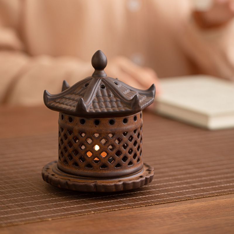 新品未使用】中国式陶磁器香薫炉燭台宮灯模造古盤香炉雪見灯家庭用室内