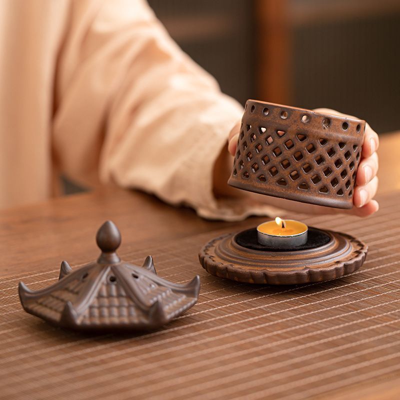 新品未使用】中国式陶磁器香薫炉燭台宮灯模造古盤香炉雪見灯家庭用室内
