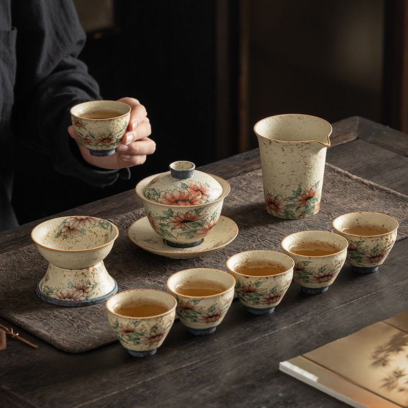 新品未使用】青花火石赤釉上彩工夫茶器セット陶磁器提梁壺カップ家庭用