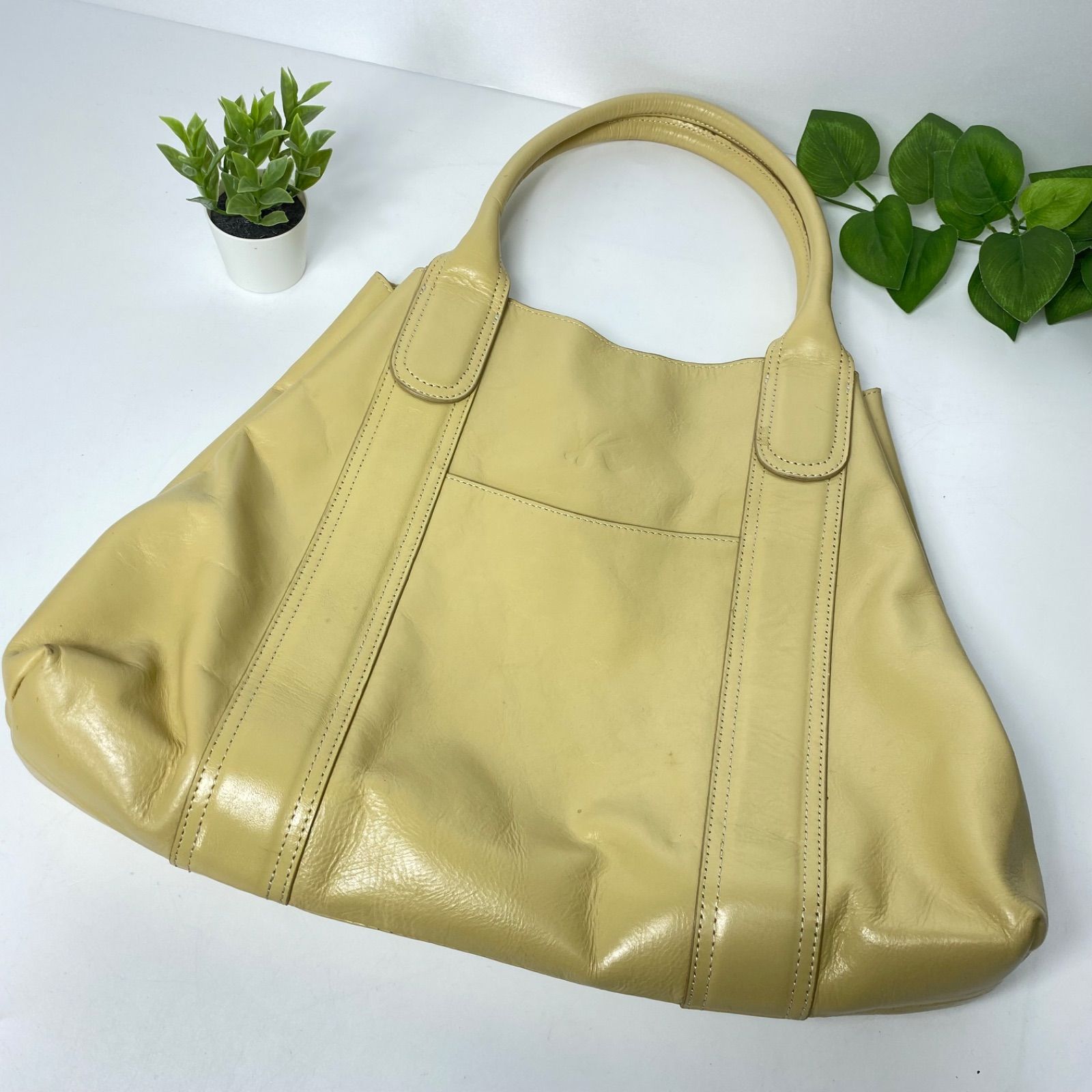 キタムラ Kitamura レザートートバッグ イエロー 本革 ハンドバッグ 内 
