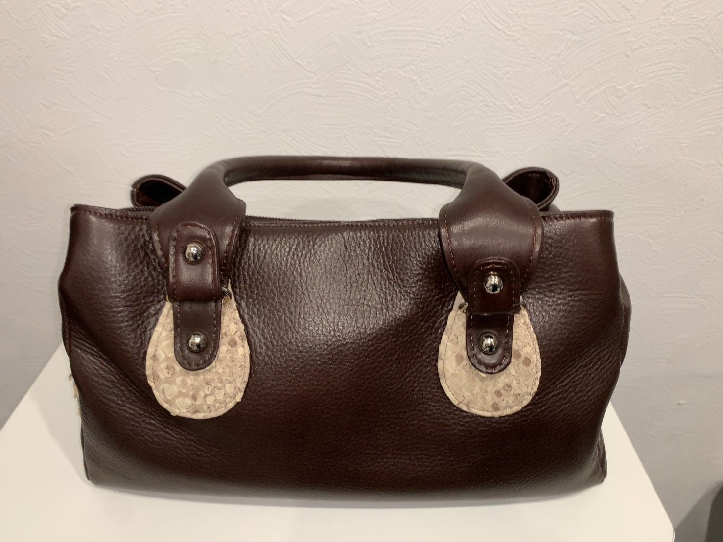 美品】本革 パイソン ハンドバッグ ダークブラウン 異素材MIX レザー