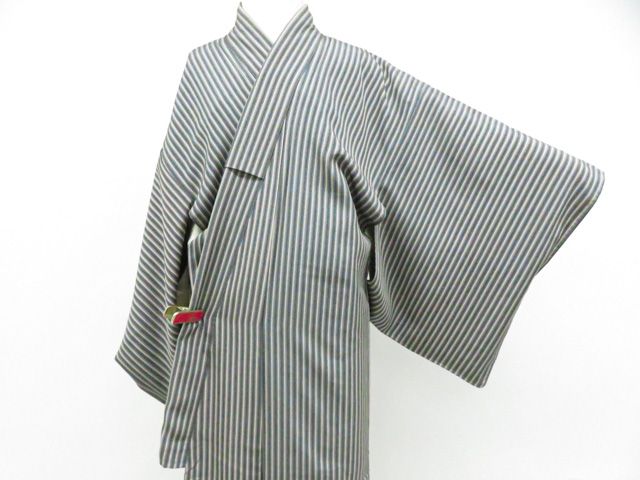 一輝堂】小紋 縦縞文 正絹 着物 身丈約159.5cm 裄丈約62cm 26z01-183