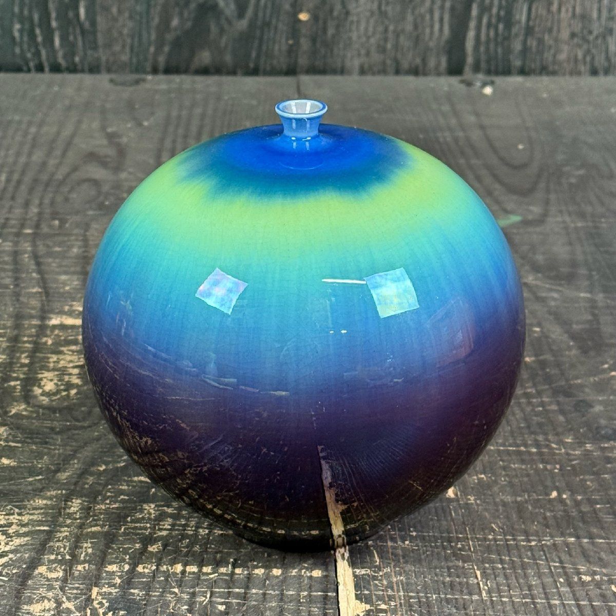 FG070 人間国宝 三代 徳田八十吉 九谷焼 碧明釉 一輪挿し 花器 壺/M3