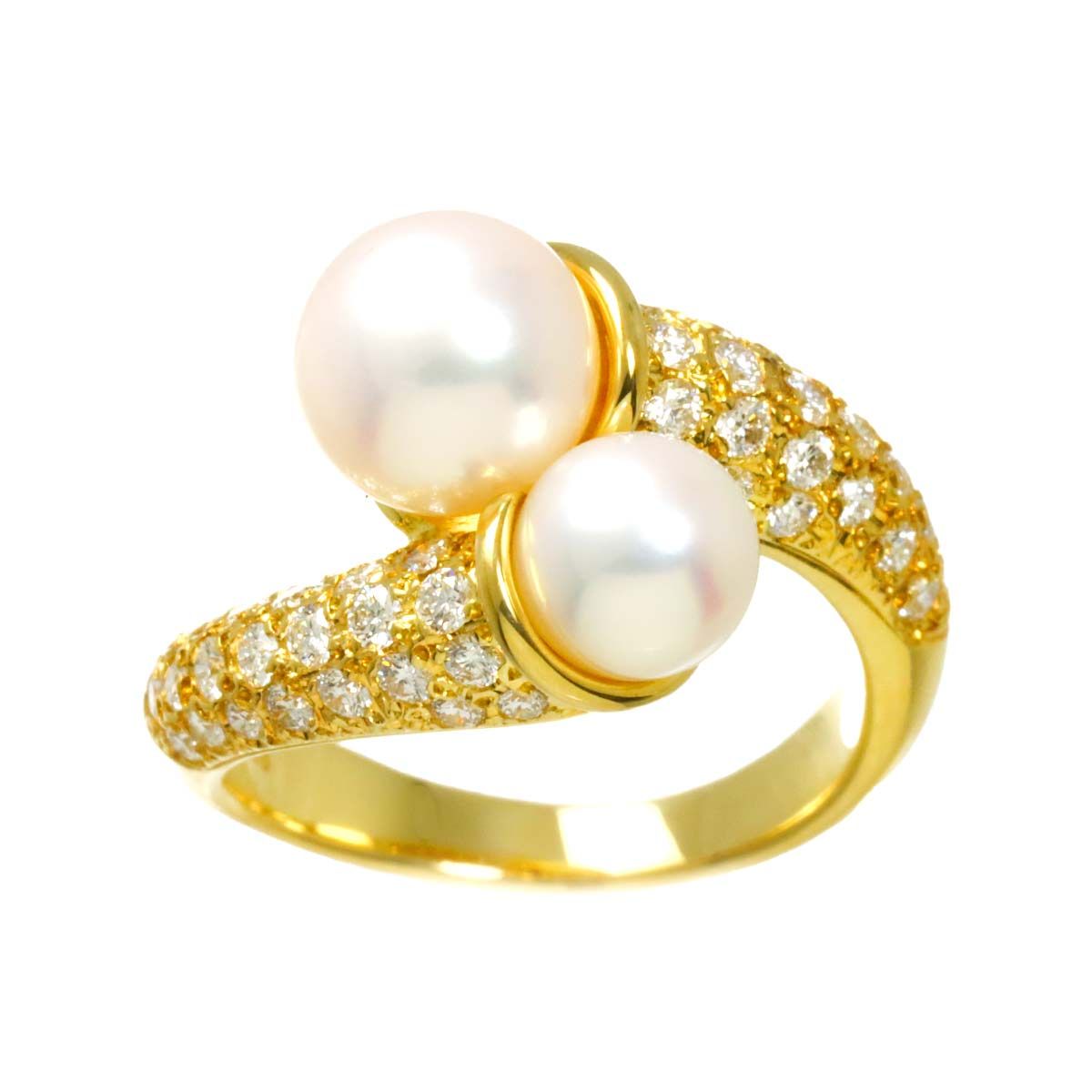 ミキモト MIKIMOTO 9号 リング アコヤ真珠 7.5-6.0mm ダイヤ K18 YG