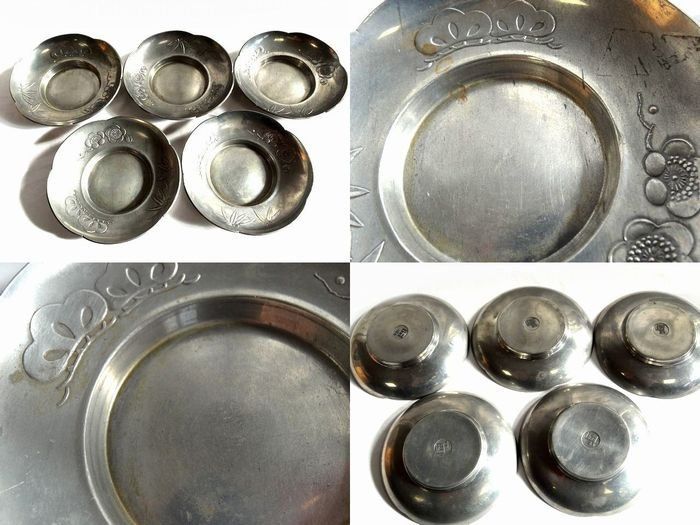 本錫製 茶托 五客入 作者不明 □ 木箱 共箱 前茶道具 茶道具 錫器 茶器