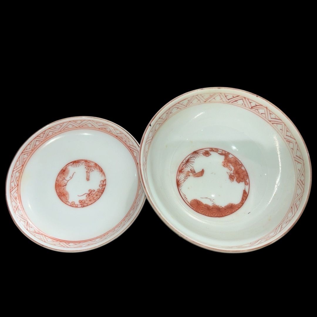 某有名オークション購入 [二客揃] 時代物 蓋つき椀 色絵 牡丹 骨董