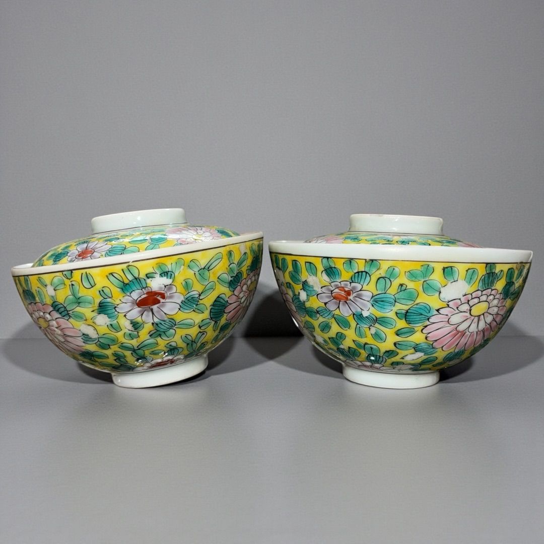 某有名オークション購入 [二客揃] 時代物 蓋つき椀 色絵 牡丹 骨董