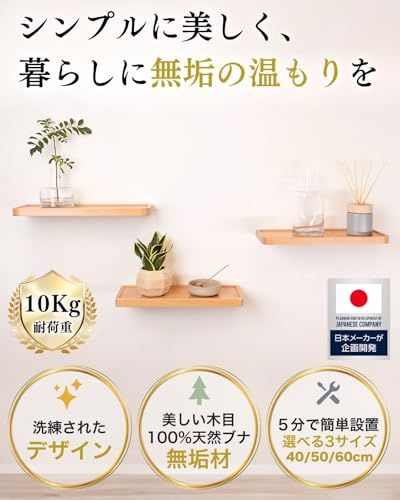 Space Craft トップデザイナー監修 ウォールシェルフ 壁掛け棚 ウォールラック 壁つけ棚 飾り棚 壁 棚 石膏ボード対応 天然木 ブナ無垢材 ナチュラル 60 cm e 758 ce 55