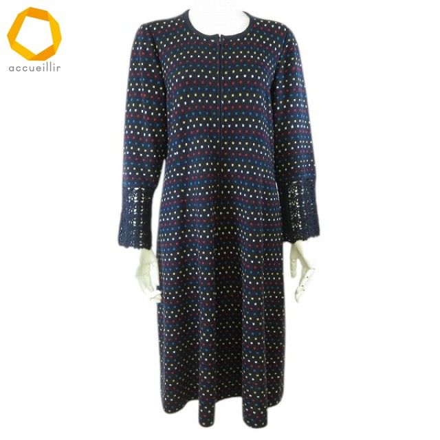 w サイトウトヨコ 斉藤都世子 ワンピース ロング ニット 紺 マルチ 総