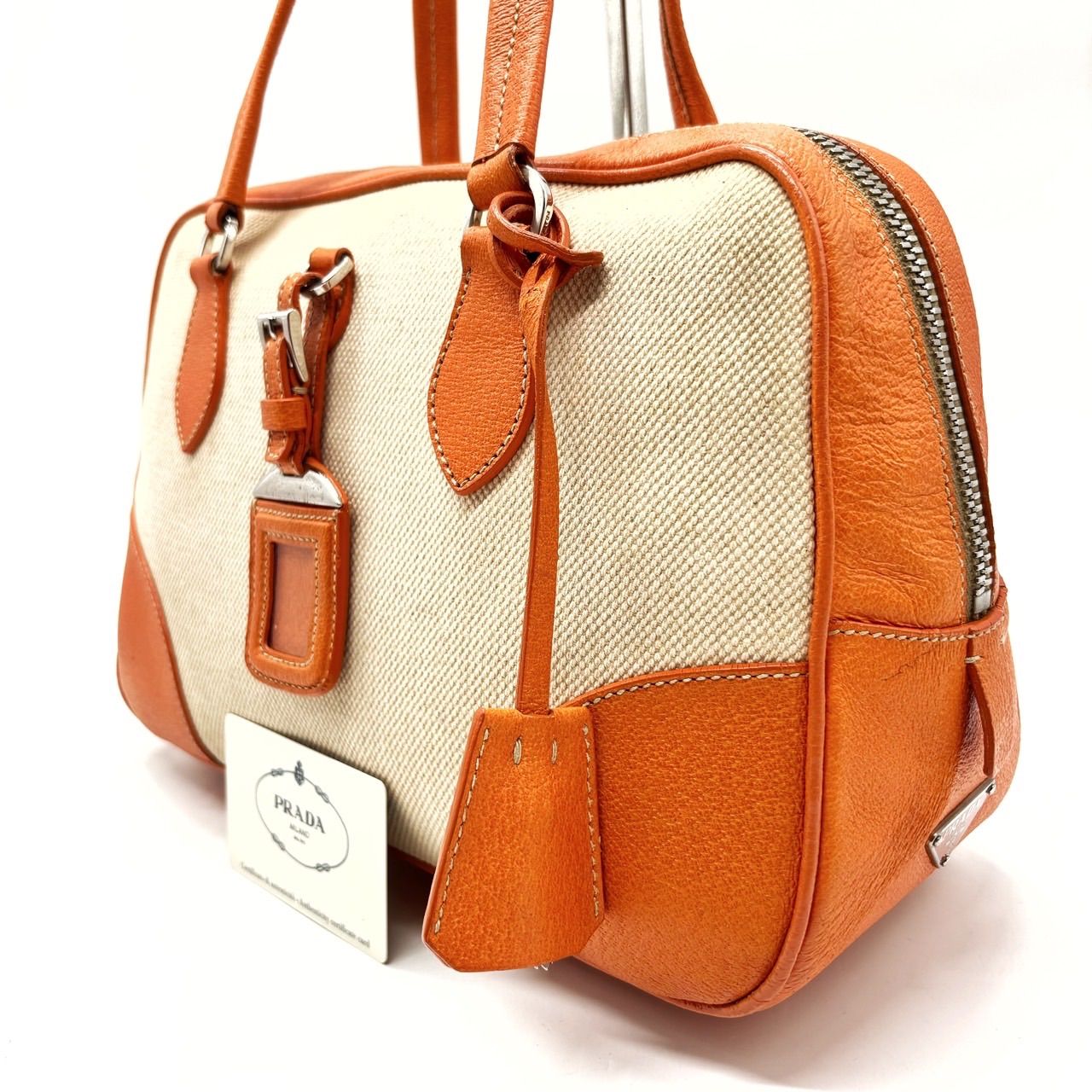 [Good] PRADA Prada Handbag Tote Bag Boston Bag Bowling Bag Cadena Padlock Canvas Orange Orange Leather Leather Triangle Plate Unisex Men's Women's