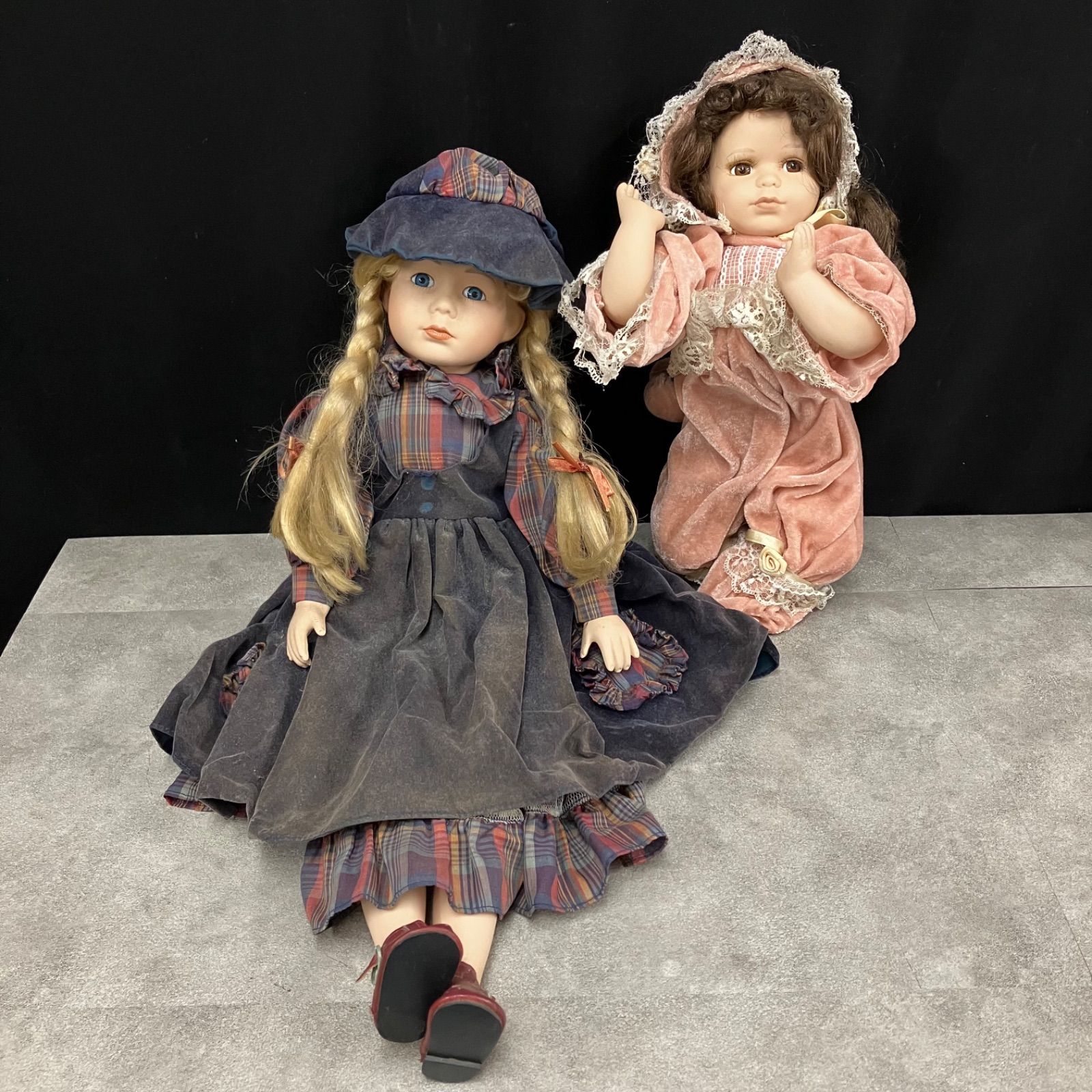 ◆ビスクドール ポーセリンドール 　全長約30cm 0）F5 ビスクドール ポーセリンドール チェックワンピース ブロンズ